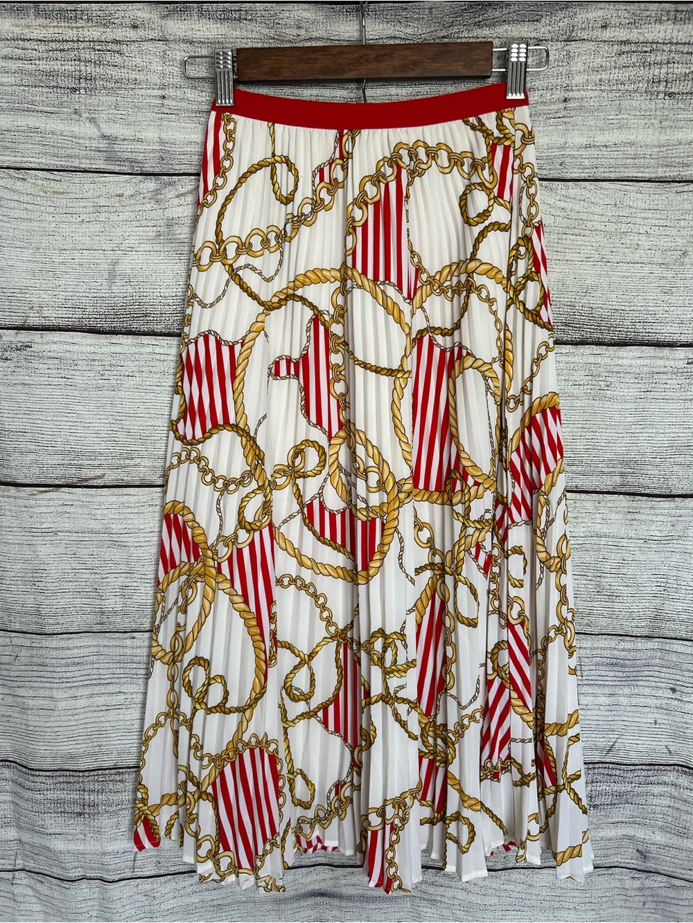 Aritzia Babaton Twirl pleated midi skirt rope and chain print size XS